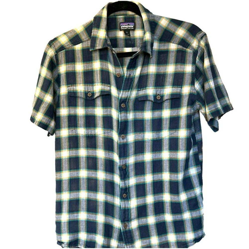 Patagonia Men's Blue Steersman Short Sleeve Shirt Small Organic Cotton 52931
